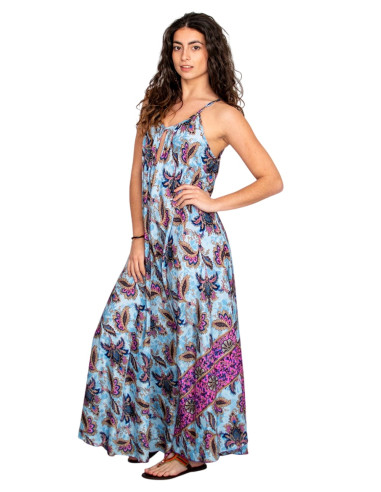 Vestido longo de seda azul claro com flores –...