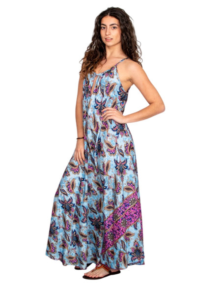 Robe longue en soie bleu clair à fleurs – Design bohème à l'âme indienne