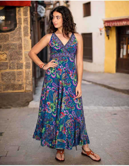 Long silk dress with multicolored flowers – Bohemian inspiration and Indian elegance