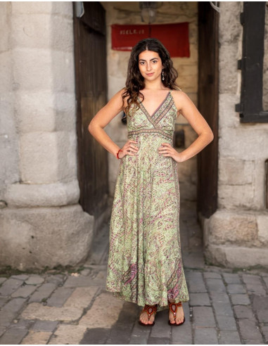Abito lungo in seta verde con scollo a V –...