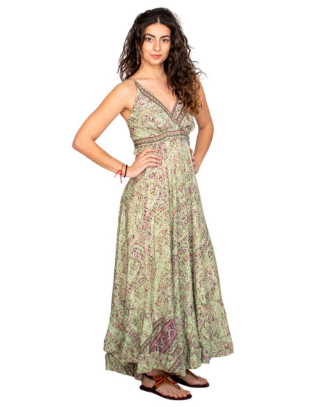 Vestido longo de seda verde com decote em V – Elegância Boho da Índia