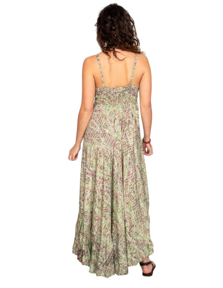 Vestido longo de seda verde com decote em V – Elegância Boho da Índia