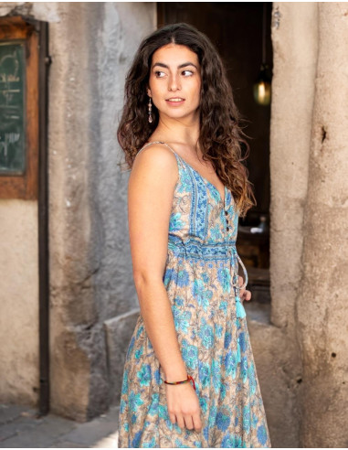 Vestido longo boho de seda com decote em V –...