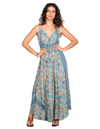 Langes Boho Seidenkleid mit V-Ausschnitt –...