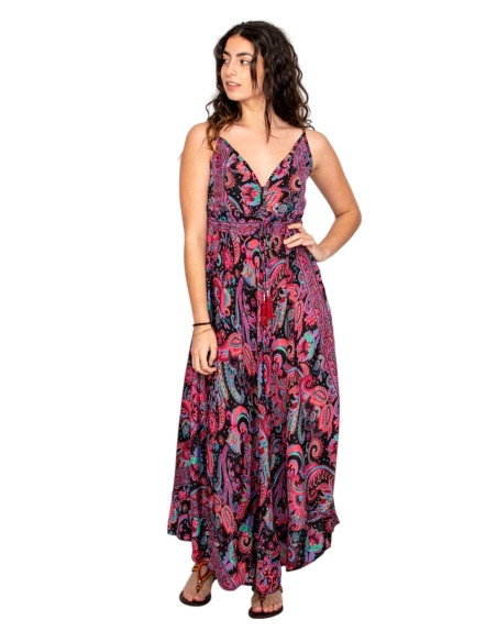 Vestido longo com estampa paisley e decote em V – inspiração étnica indiana