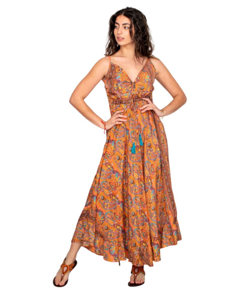 Long ethnic-style dress with a V-neck and paisley print – Orange