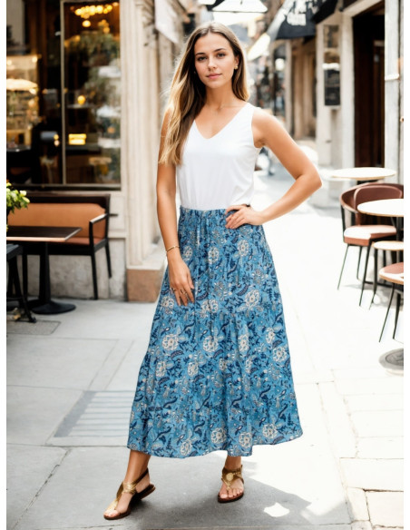 Long boho cotton skirt with blue and light blue print – 100% handmade