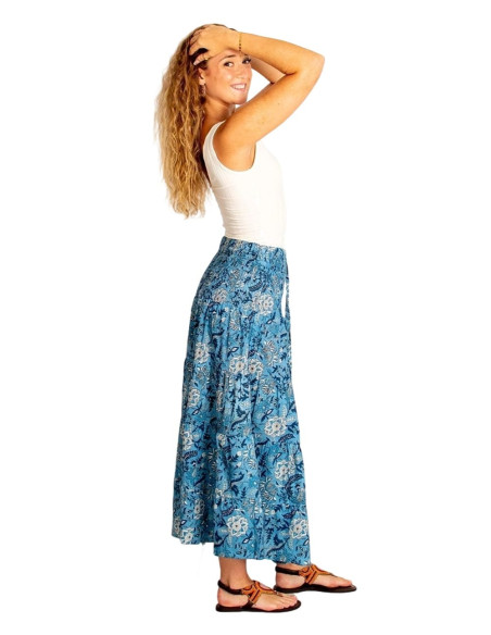 Falda larga boho de algodón con estampado azul y celeste – 100% artesanal