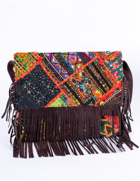 Handmade boho clutch with mirrors and fringes – Kimago