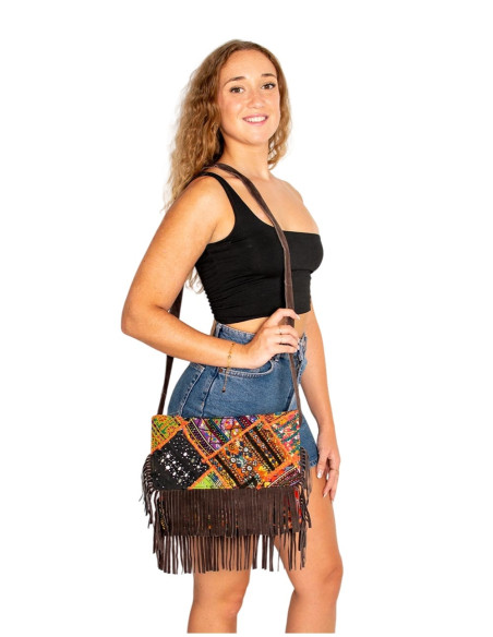 Handmade boho clutch with mirrors and fringes – Kimago