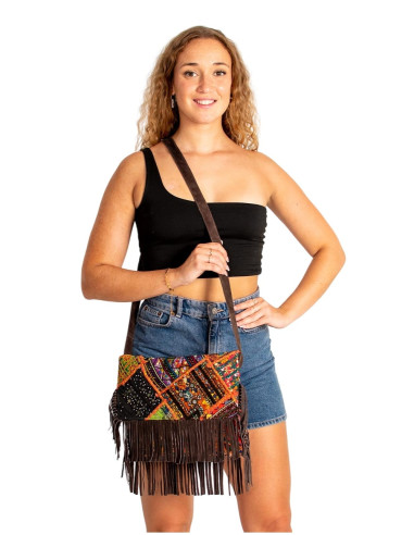 Handmade boho clutch with mirrors and fringes –...
