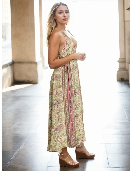 Kimago langes Kleid aus grüner Seide – Boho und handgefertigt