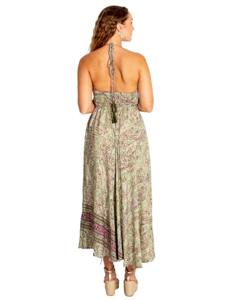 Kimago langes Kleid aus grüner Seide – Boho und handgefertigt