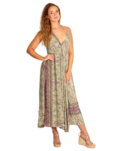 Vestido largo Kimago en seda verde – Boho y...