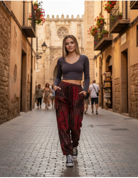 Handgefertigte Patchwork-Hippiehose – Warme und dunkle Farben