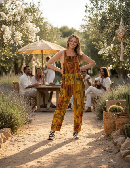 Unisex patchwork cotton jumpsuit – Yellow or dark shades