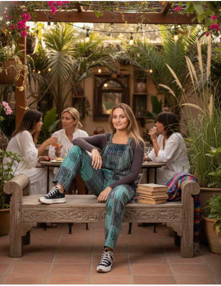 Jardineira unissex feita à mão em patchwork de algodão – Verde ou azul claro