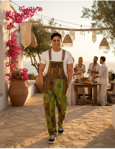 Salopette unisex in cotone patchwork fatta a mano – Verde, viola o rosso