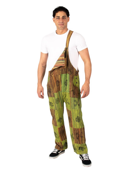 Jardineira unissex de algodão artesanal com patchwork – Verde, roxa ou vermelha