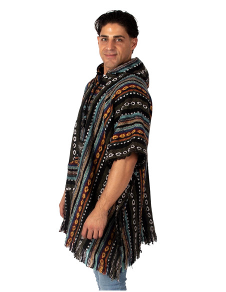 Handgefertigter, quadratischer Unisex-Poncho mit Kapuze und Holzknöpfen