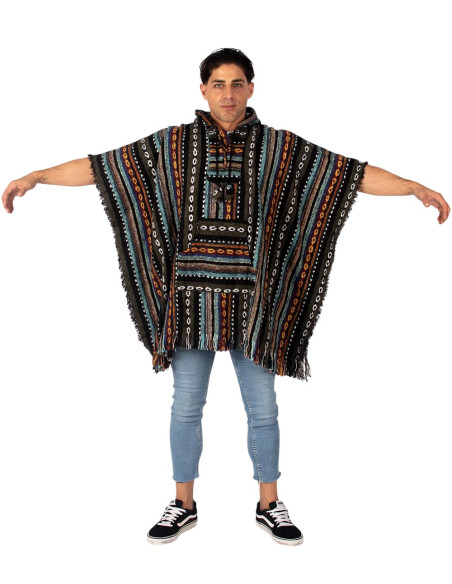 Poncho quadrato unisex fatto a mano con cappuccio e bottoni in legno