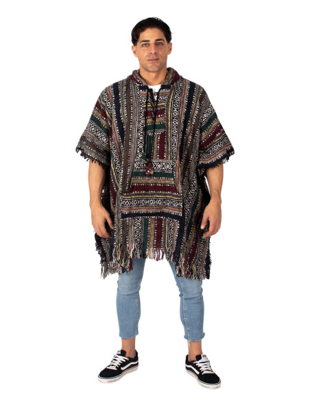 Poncho quadrato unisex fatto a mano con cappuccio e bottoni in legno