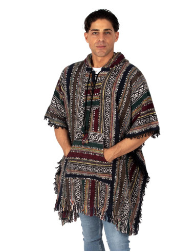 Handmade unisex square poncho with hood and...