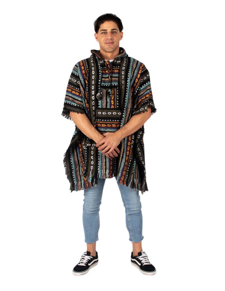 Poncho carré unisexe fait main avec capuche et boutons en bois