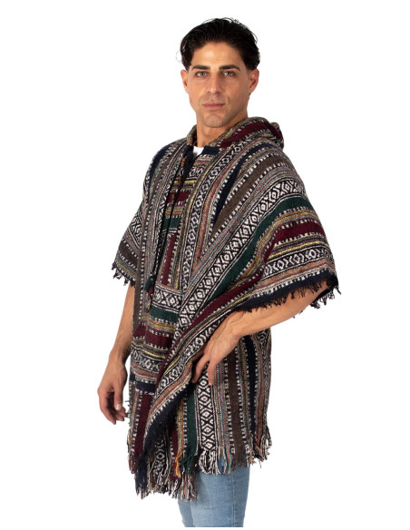 Handmade unisex square poncho with hood and wooden buttons