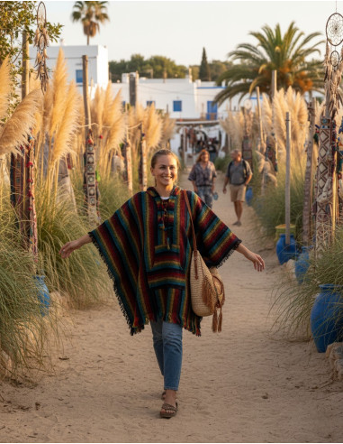 Unisex handmade poncho with hood and wooden...