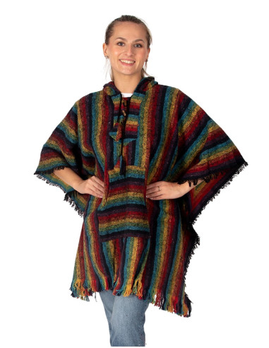 Unisex handmade poncho with hood and wooden...
