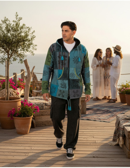 HSU0011 - Giacca patchwork unisex Kimago con fodera in pile e cappuccio fatto a mano