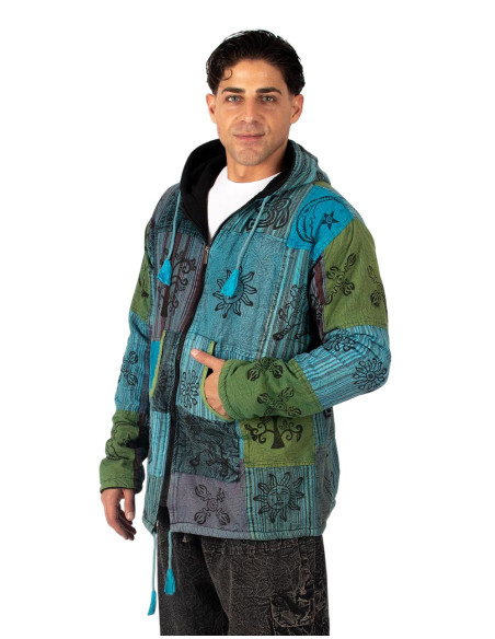 HSU0011 - Kimago Unisex Patchwork Jacket with Fleece Lining and Handmade Hood