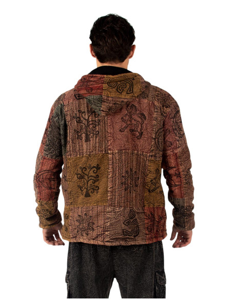 HSU0011 - Giacca patchwork unisex Kimago con fodera in pile e cappuccio fatto a mano