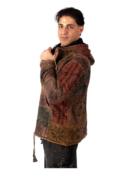 HSU0011 – Kimago Unisex-Patchworkjacke mit Fleecefutter und handgefertigter Kapuze