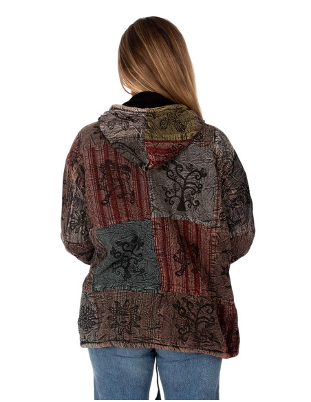Giacca etnica patchwork unisex con fodera in pile e cappuccio