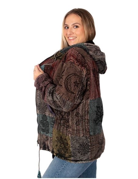 Giacca etnica patchwork unisex con fodera in pile e cappuccio