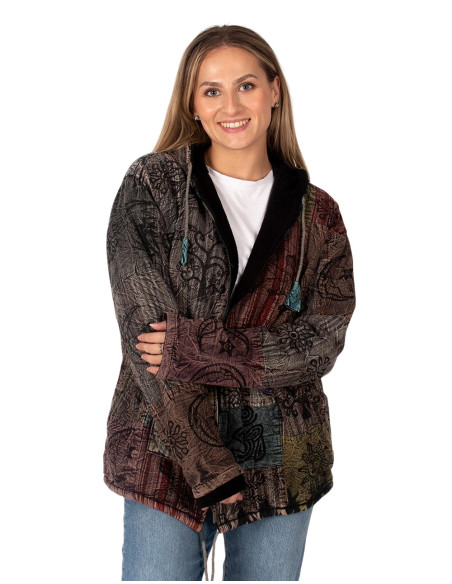Unisex patchwork ethnic jacket with fleece lining and hood