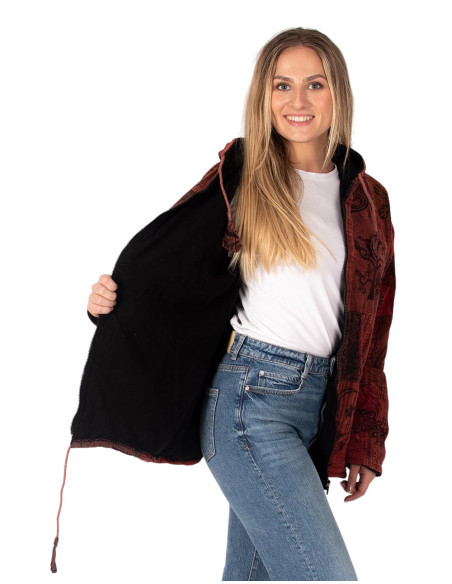 Unisex-Patchworkjacke im Ethno-Stil mit Fleecefutter und Kapuze