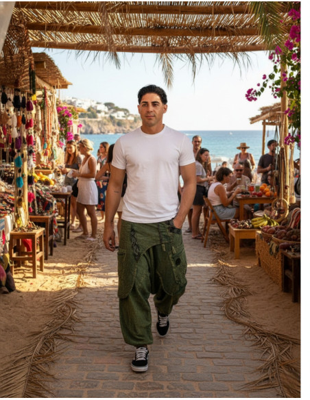 Pantaloni afghani in cotone in stile boho con orlo e simbolo Om