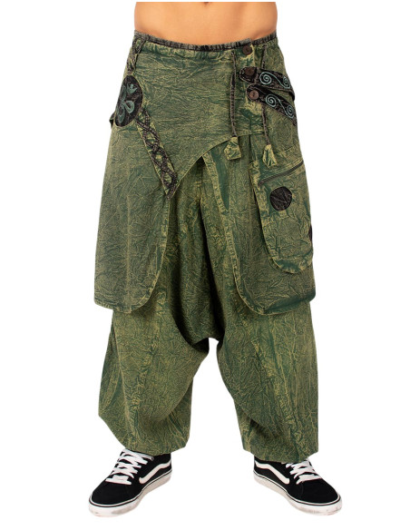 Pantalon afghan en coton de style bohème avec ourlet et symbole Om