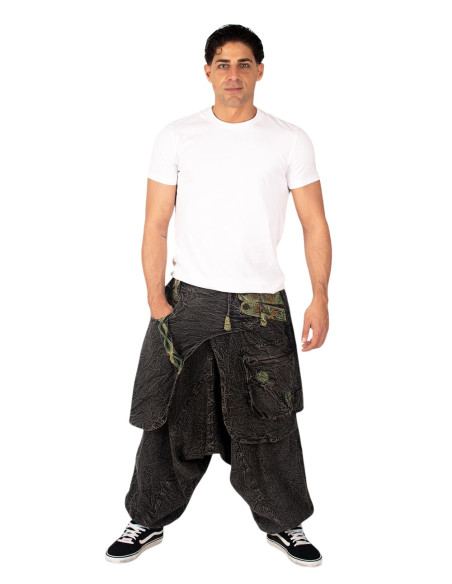 Graue afghanische Baumwollhose mit grünen Details und ethnischer Rock