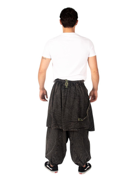 Pantaloni afghani in cotone grigio con dettagli verdi e gonna etnica