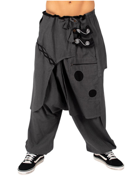 Pantaloni afghani in cotone grigio con orlo asimmetrico e simbolo Om