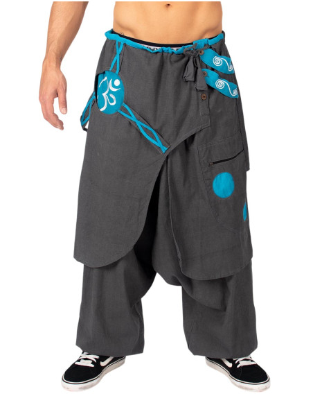 Graue afghanische Baumwollhose mit asymmetrischem Saum und Om-Symbol