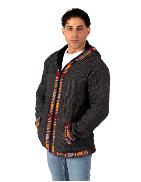 Grey jacket with red trim and fleece lining