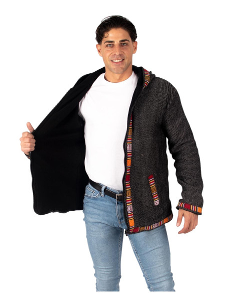 Grey jacket with red trim and fleece lining