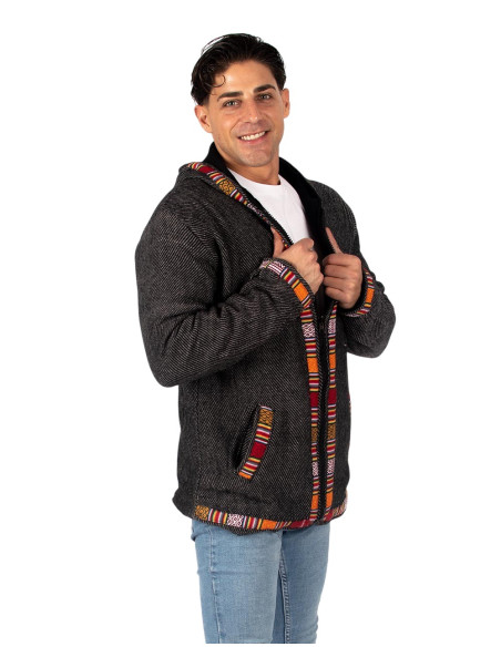 Grey jacket with red trim and fleece lining