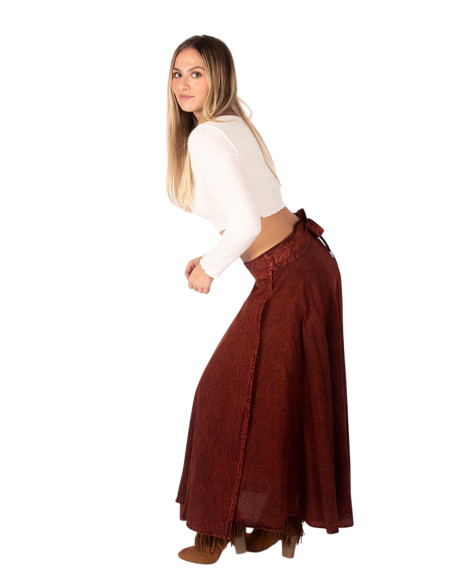 Jupe portefeuille longue de style bohème brun rougeâtre, en coton fait main