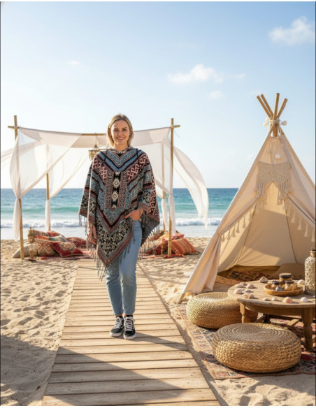 Poncho unissex estilo boho com capuz e franjas | Artesanato étnico